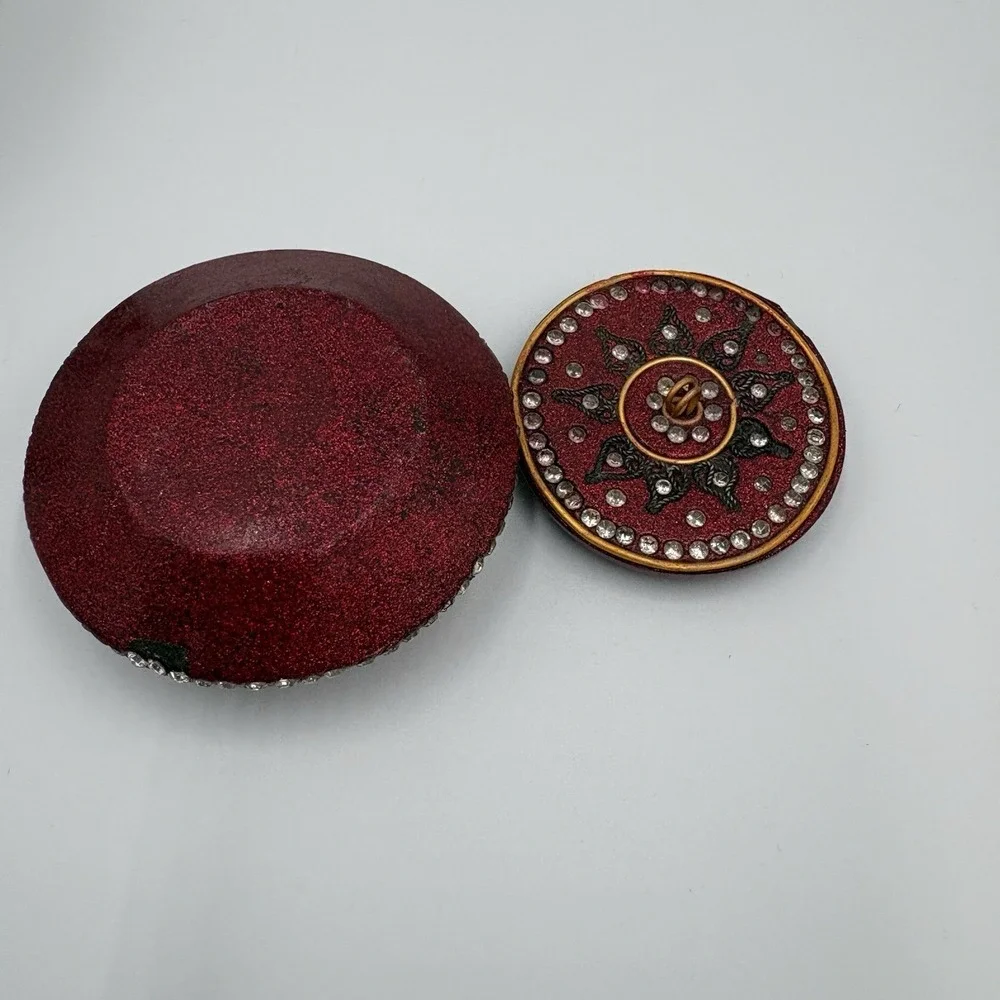 Burgundy Enamel Trinket Ring Box Metallic Fleck Finish Rhinestones Inlaid Hearts